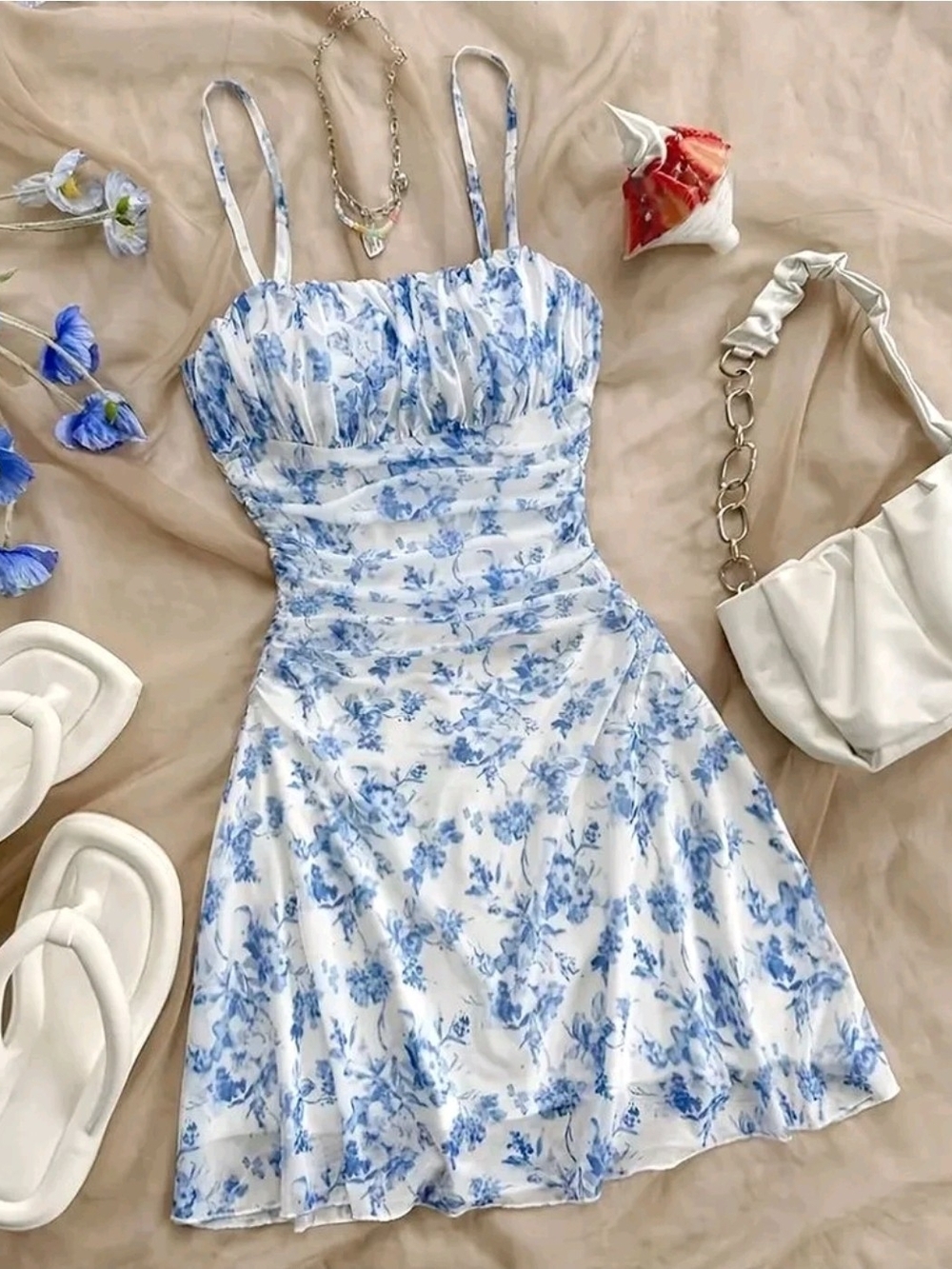 SHEIN White & Blue Floral Ruched Sundress Size Small